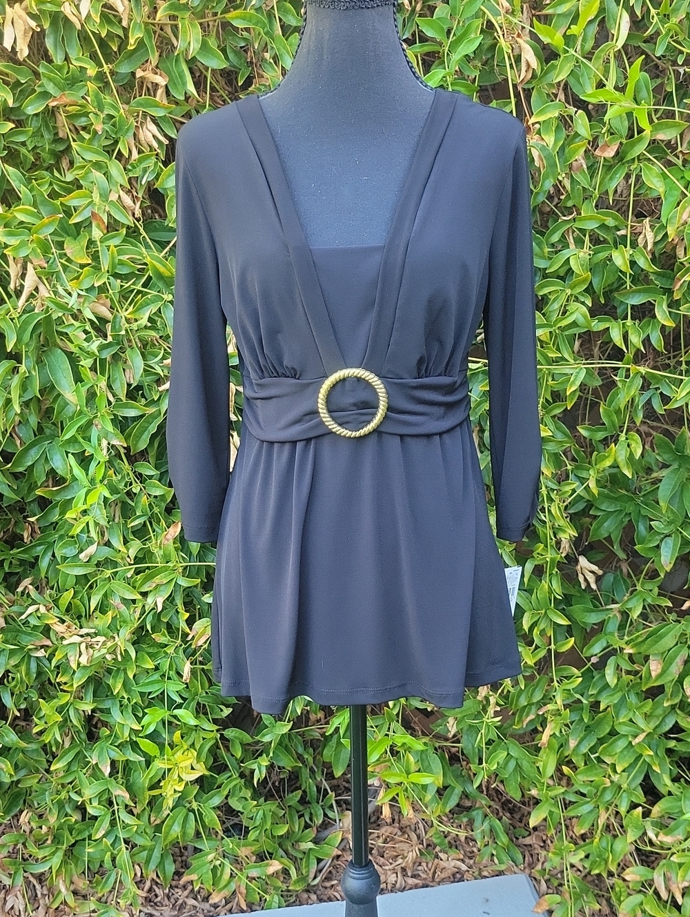 AB Studio Black V‑Neck Peplum Tunic with Gold Ring Accent